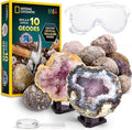 National Geographic Break Open 10 Premium Geodes - STEM Science Kit with Goggles & Display Stands for Kids
