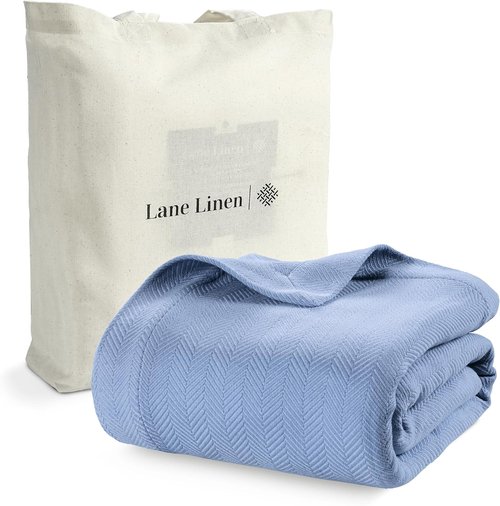 **LANE LINEN Twin Size Blanket - 100% Cotton Cozy Bed Blanket | Soft 350 GSM for All Seasons (68"x90") - Oeko-TEX Certified Light Blue**