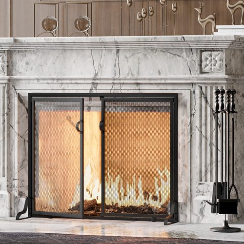 Kingson Fireplace Screen with Magnetic Doors, 2-Pannel Handcrafted Solid Wrought Iron Decorative Mesh Classic Fire Spark Guard Black 35" D x 11" Wx 28" H