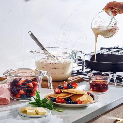 Le'raze Glass Measuring Cups Set - 3-Piece Kitchen Mixing Bowls with Spoons & Whisk | Clear, Multi-Size