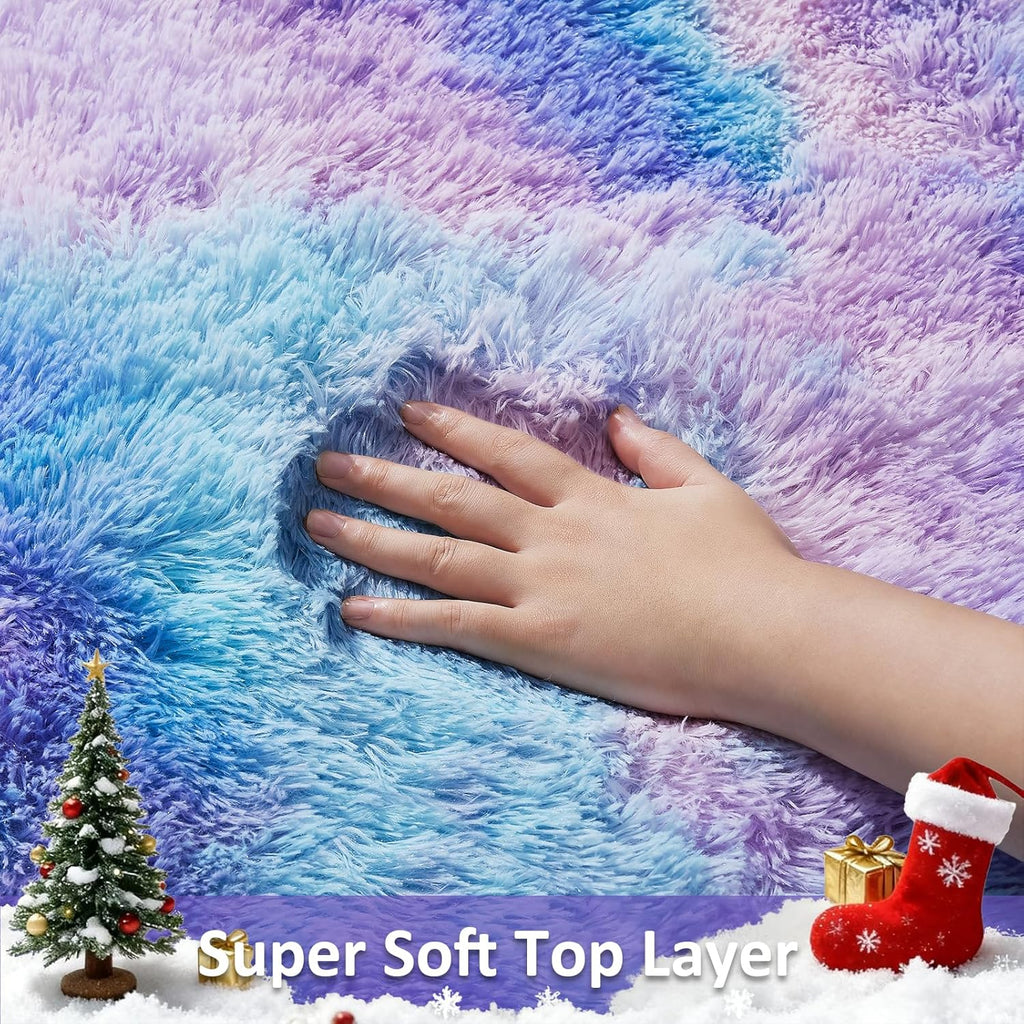 Ophanie Rainbow Purple Mermaid Area Rug - Soft Fluffy Shag Carpet for Kids' Room | 6x9 Size