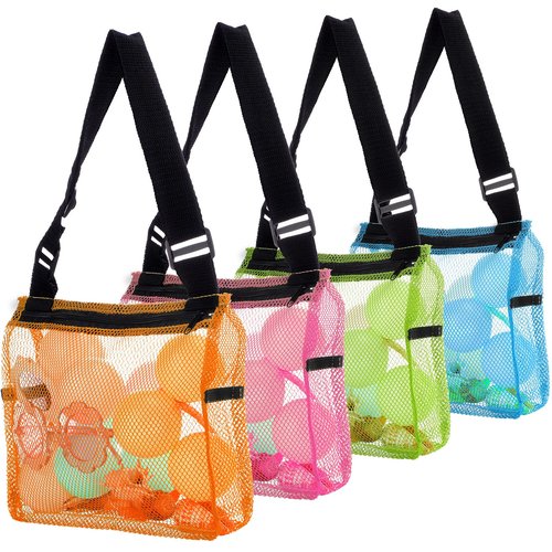 4 Pieces Mesh Beach Bag Colorful Sand Toy Seashell Collecting Bag Adjustable Kids Quick Dry Net Tote for Seashell Collecting Sand Toy Swimming Accessories Gift for Boys and Girls