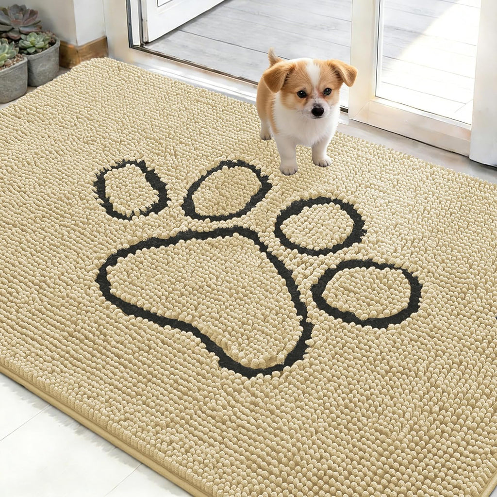 OLANLY Dog Door Mat - Absorbent Non-Slip Chenille for Muddy Paws | 48x30 Paw Print Design