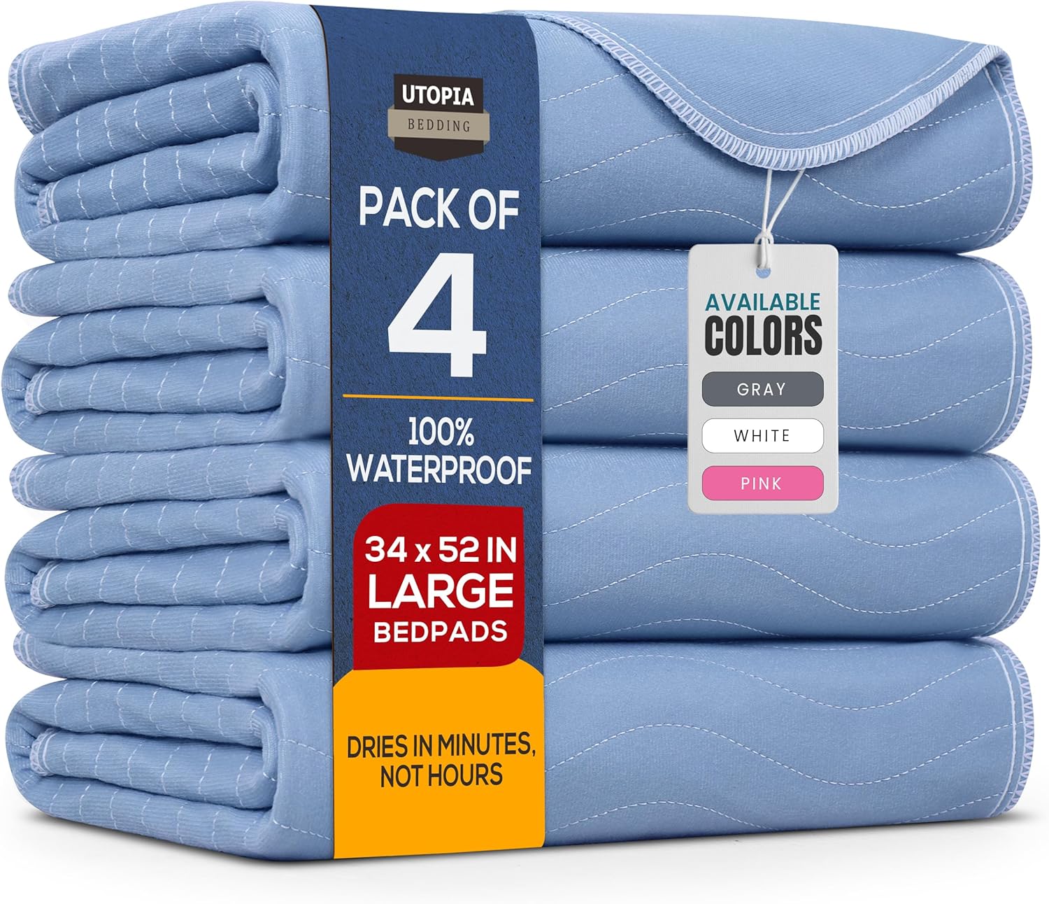 Utopia Bedding Washable Underpads - Waterproof Reusable Incontinence Bed Pads | 34" x 52" (Pack of 4) - Heavy Absorbency for Adults, Kids, and Pets (Blue)
