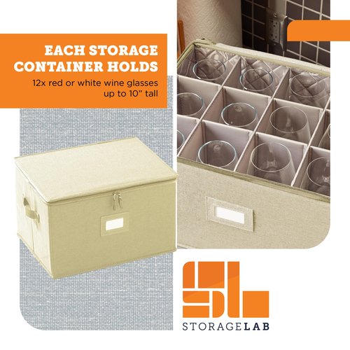 storageLAB Wine Glass Storage Containers, Hard Shell Organizer for Stemware and Glassware Sets, Stackable Wine Glass Storage Box with Dividers for Kitchen and Moving Supplies - 1 Pack, Cream