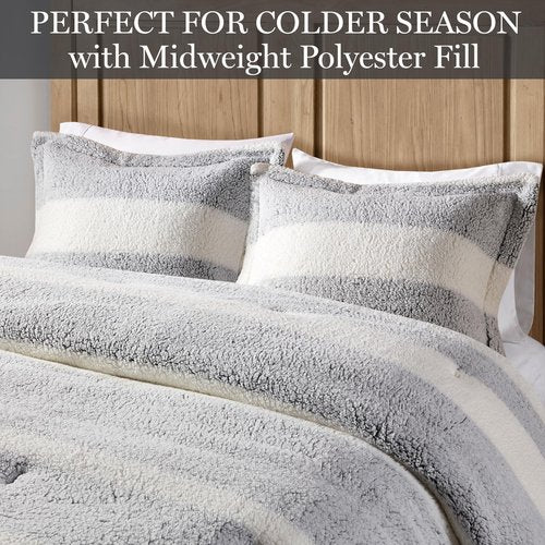 Madison Park King Comforter Set Sherpa Farmhouse Stripes, Faux Mink Reverse, Soft & Fluffy, Medium Weight Winter Comforter King Warm Bedding Set, 2 Shams, Hollis, King/Cal King Gray/Ivory 3 Piece