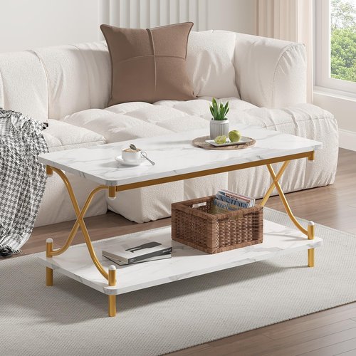 VECELO Coffee Table for Living Room with Round Corners Modern Farmhouse Center Table with Storage Shelf for Home Office 39 Inch, Easy Assembly, Light Gold