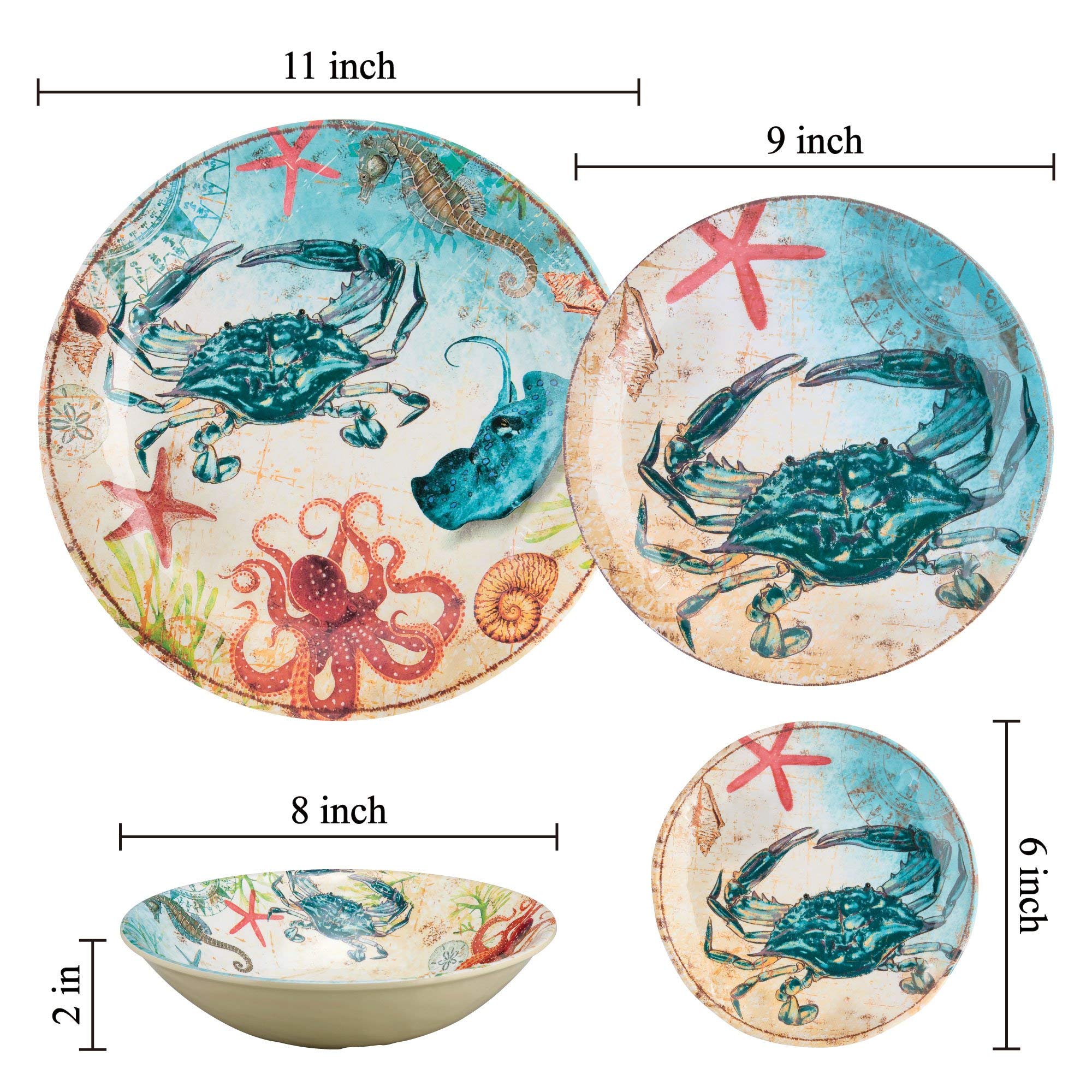 Supreme Housewares 16-Piece Melamine Dinnerware Set, Includes Dinner Plates, Salad Plates, Dessert Plates, Bowls, Service for 4. (Crab)