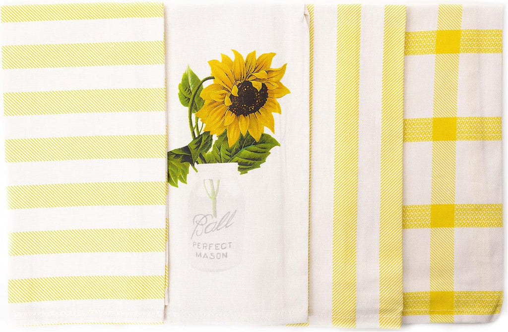 PERLLI Kitchen Dish Towels - 100% Cotton Absorbent Set of 4 | Yellow Lemon Print, 22.5 x 16 Inches