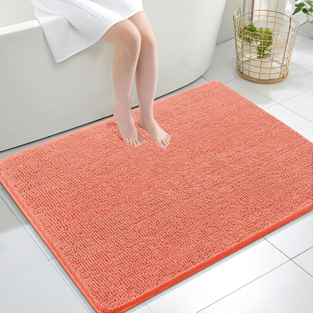 OLANLY Large Bathroom Rugs - Extra Soft Chenille Bath Mats with Rubber Backing | 40x32, Coral Color
