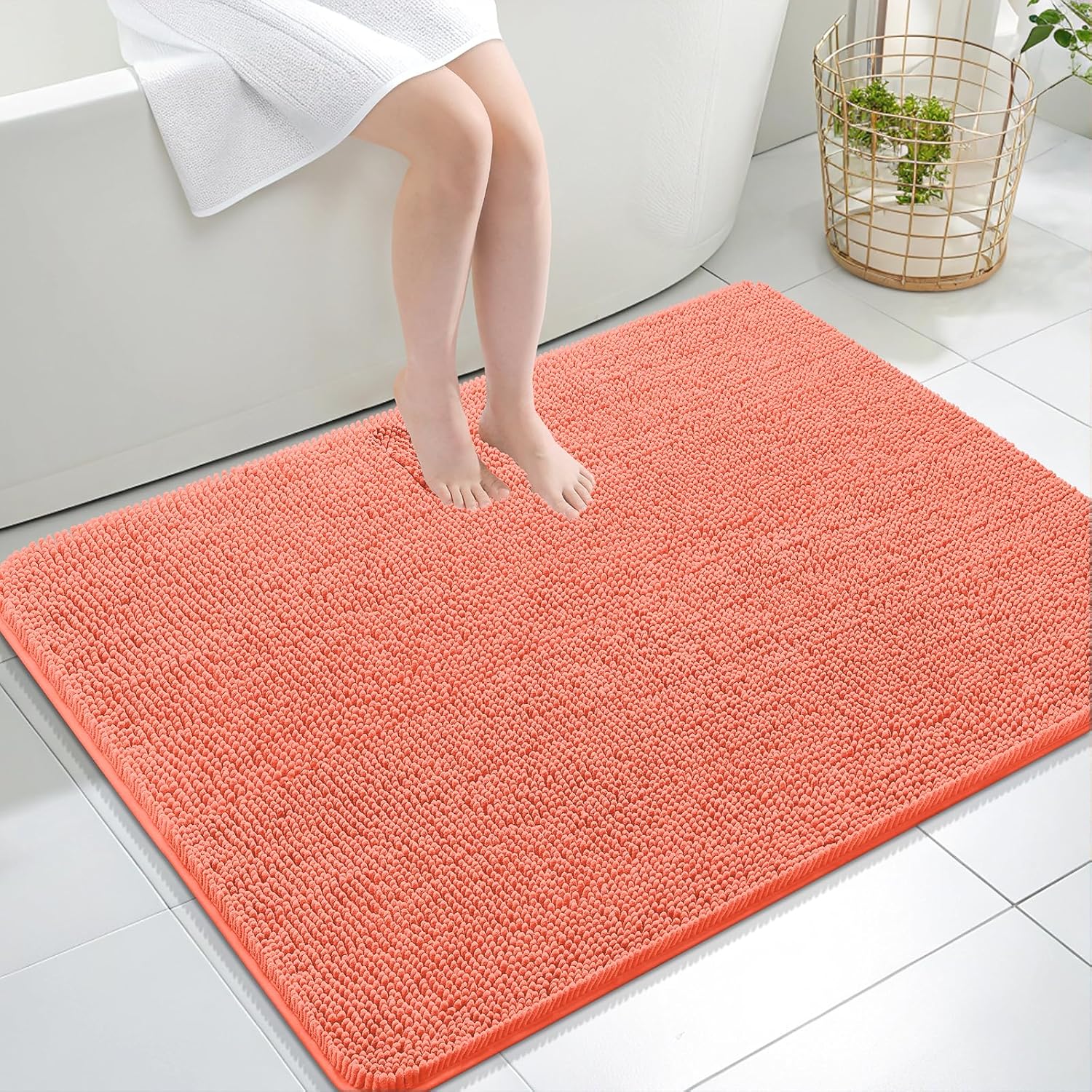 OLANLY Large Bathroom Rugs - Extra Soft Chenille Bath Mats with Rubber Backing | 40x32, Coral Color