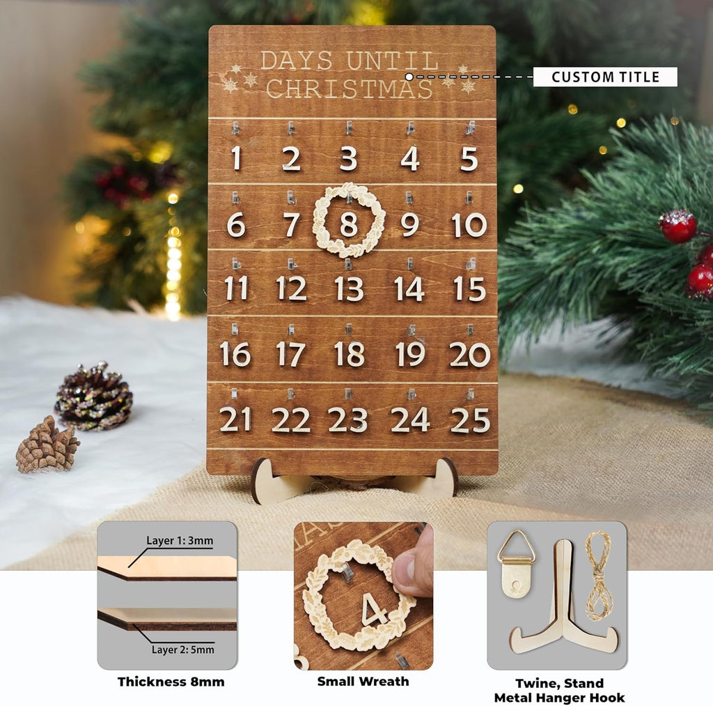 Skiennix Christmas Advent Calendar - Wooden Countdown Wall Hanging Sign for Holiday Decor | Rustic 2025 Design