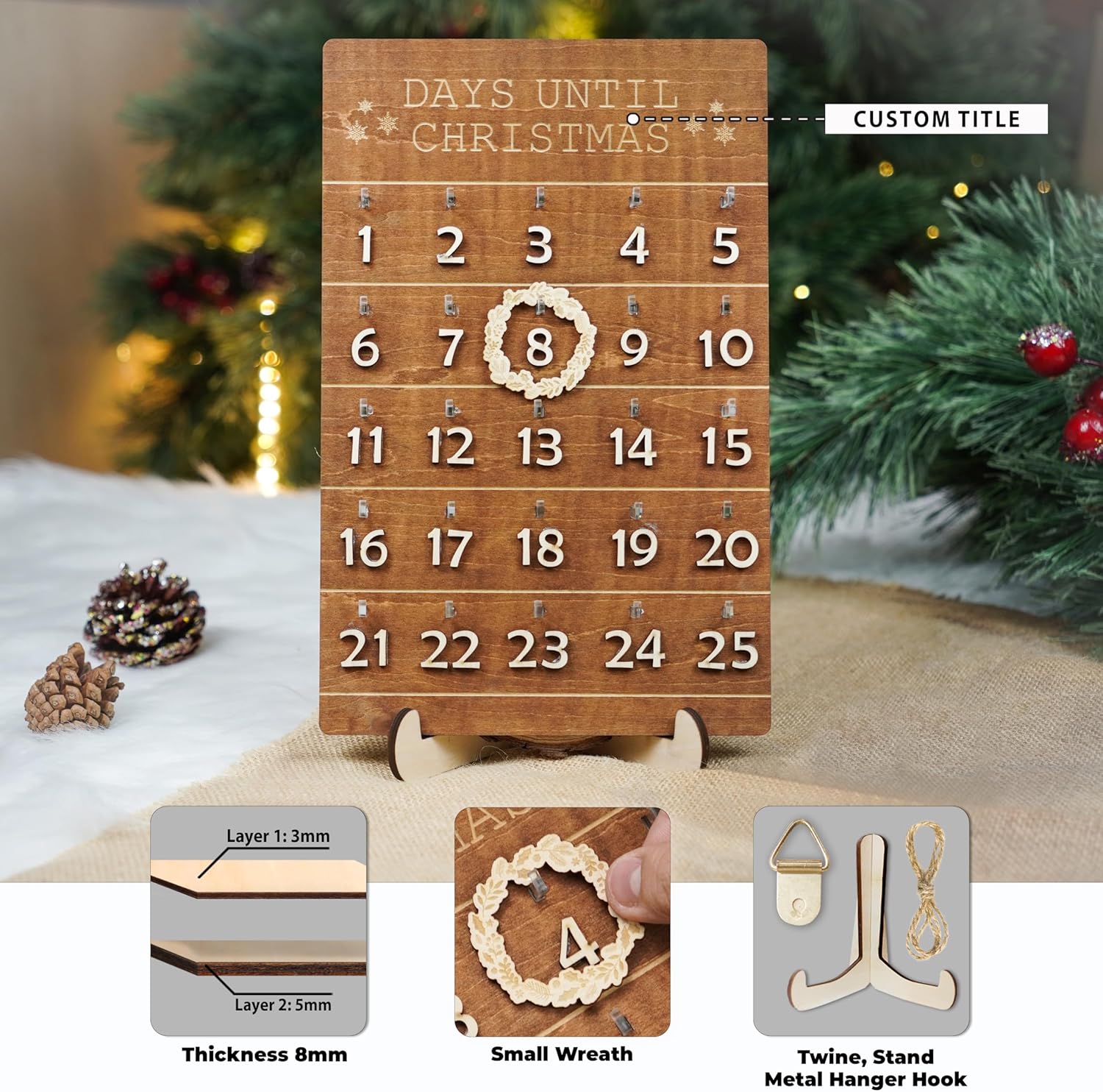 Skiennix Christmas Advent Calendar - Wooden Countdown Wall Hanging Sign for Holiday Decor | Rustic 2025 Design