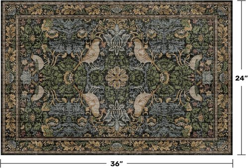 Hazo Haus Washable Dark Vintage Floral Rug - Small 2x3 Indoor Mat with Bird & Botanical Design in Brown Tones