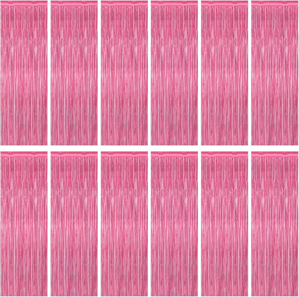 ZATAYE Pink Foil Fringe Curtains - 12 Pack Metallic Tinsel Backdrop for Birthday & Valentine's Day Decor | 3.28 FT x 7.05 FT