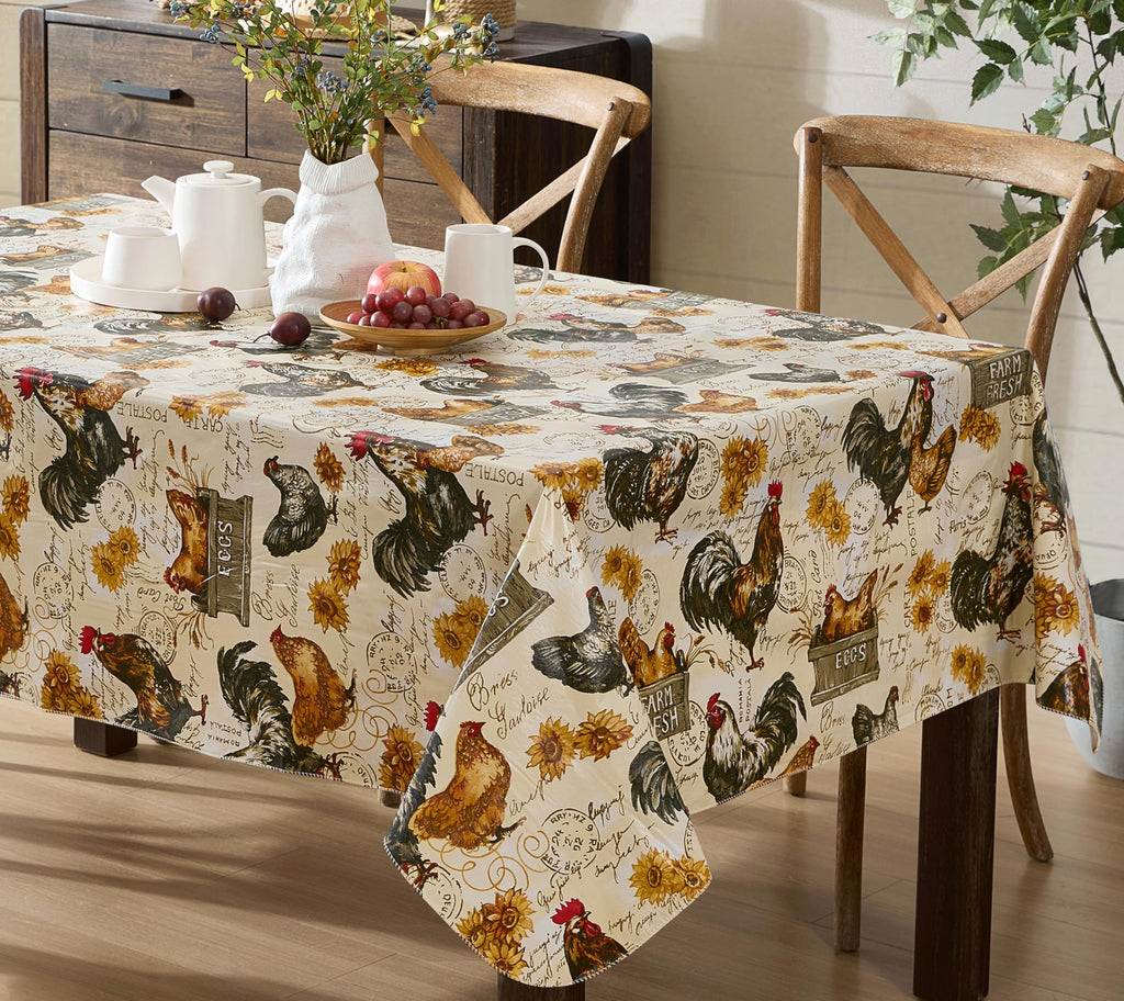 Newbridge Farm Fresh Rooster Rectangle Vinyl Flannel Backed Tablecloth, 60 x 102 Inch, Indoor Outdoor Vinyl Table Cloth, Roosters and Hens