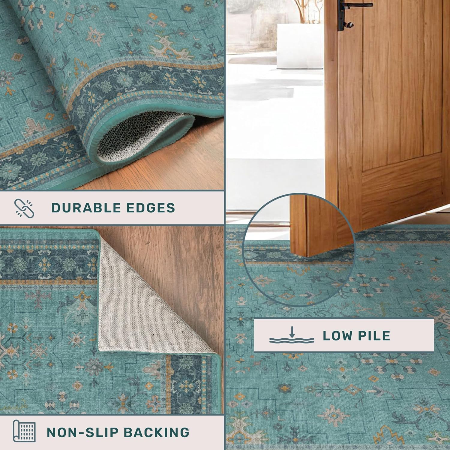 Teal Boho Area Rug by [Brand Name] - Washable Geometric Floral Design, Non-Slip Soft Carpet for Living Room & Dining Room