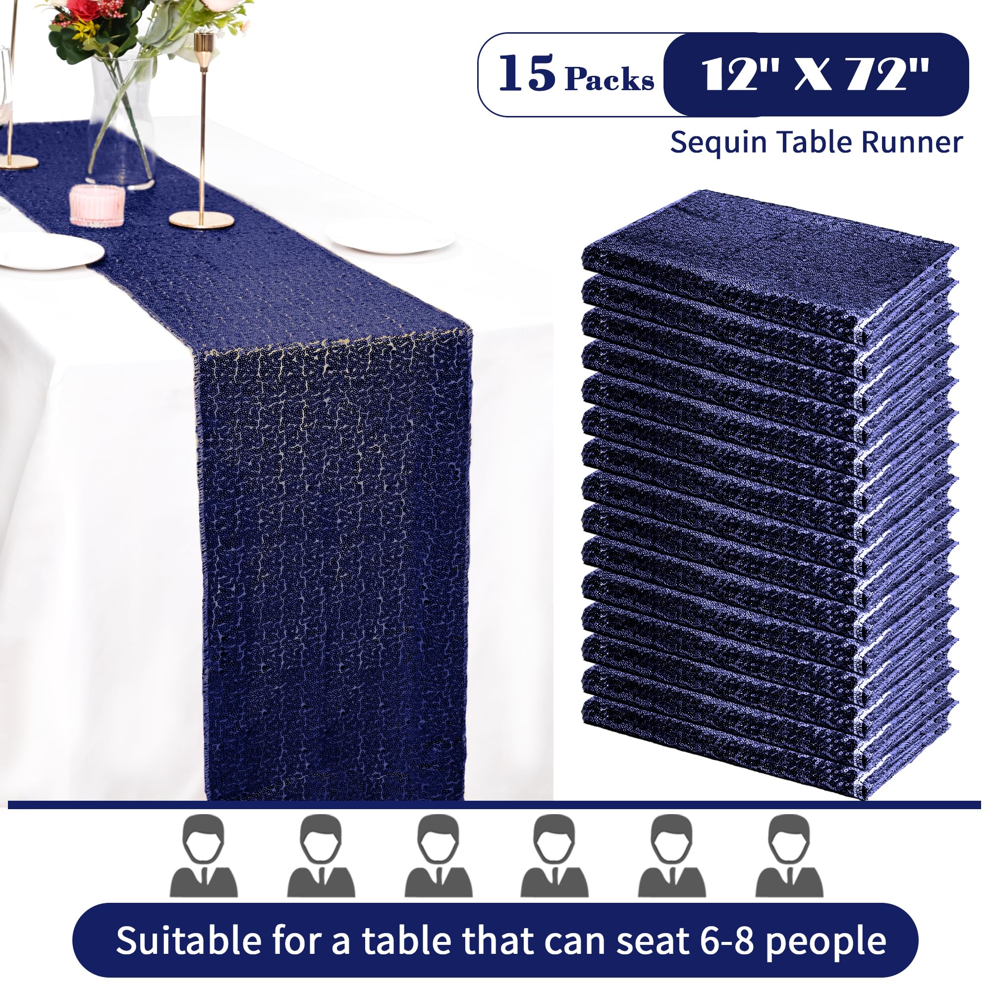 15 Pack Sequin Table Runner 12X108 Inch Royal Blue Table Runner Glitter Metallic Sequin Runner Holiday Table Runners for Wedding Engagement Birthday Party Bridal Baby Shower Graduations Supplies Decor