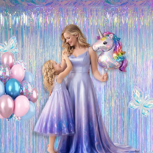 Melsan Iridescent Party Decorations - Holographic Tinsel Foil Fringe Curtain | 2 Packs, 3.2 x 6.56 ft for Mermaid Birthday Parties