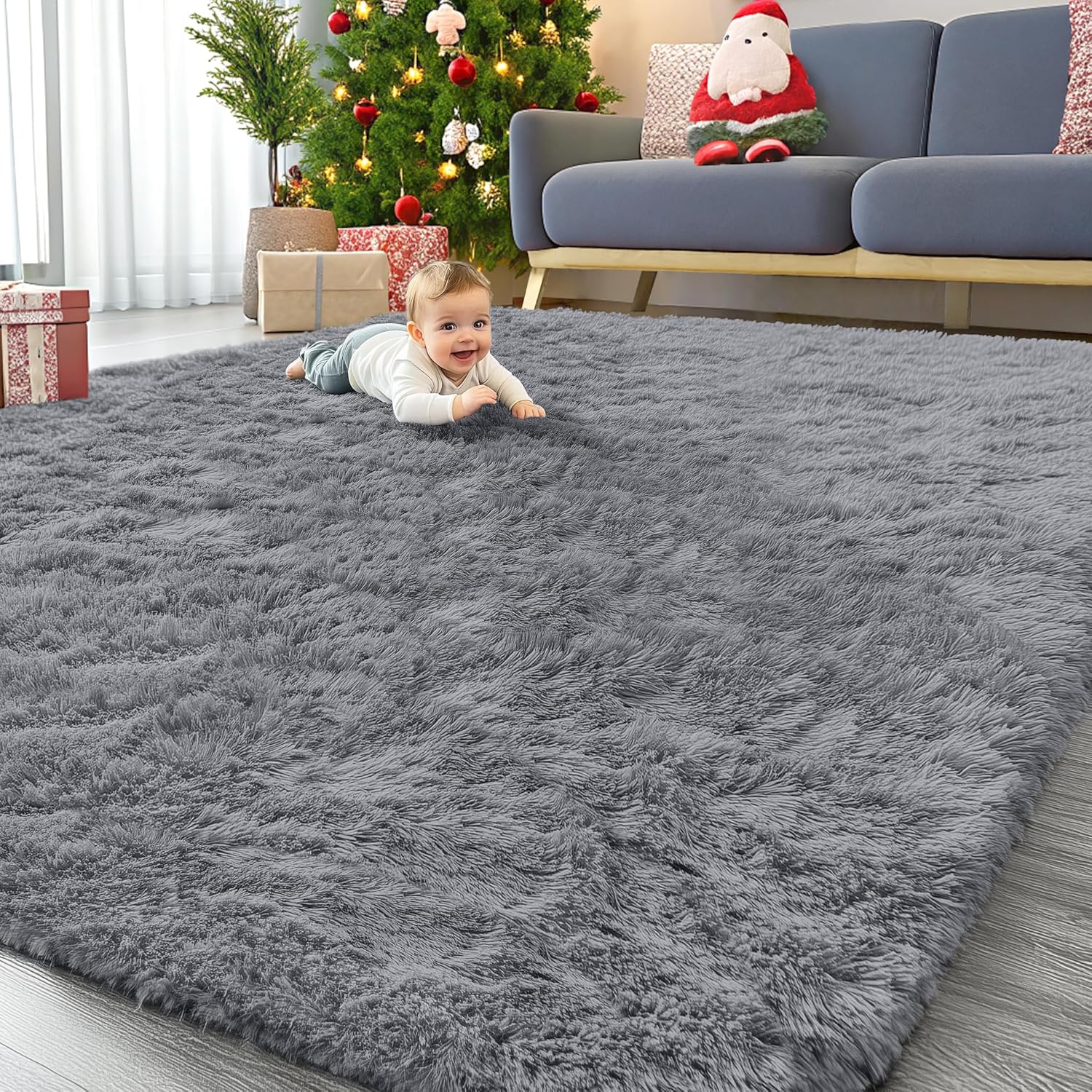 OLANLY 6x6 Area Rug - Soft, Fluffy Shaggy Design for Living Room & Bedroom | Light Grey Indoor Carpet