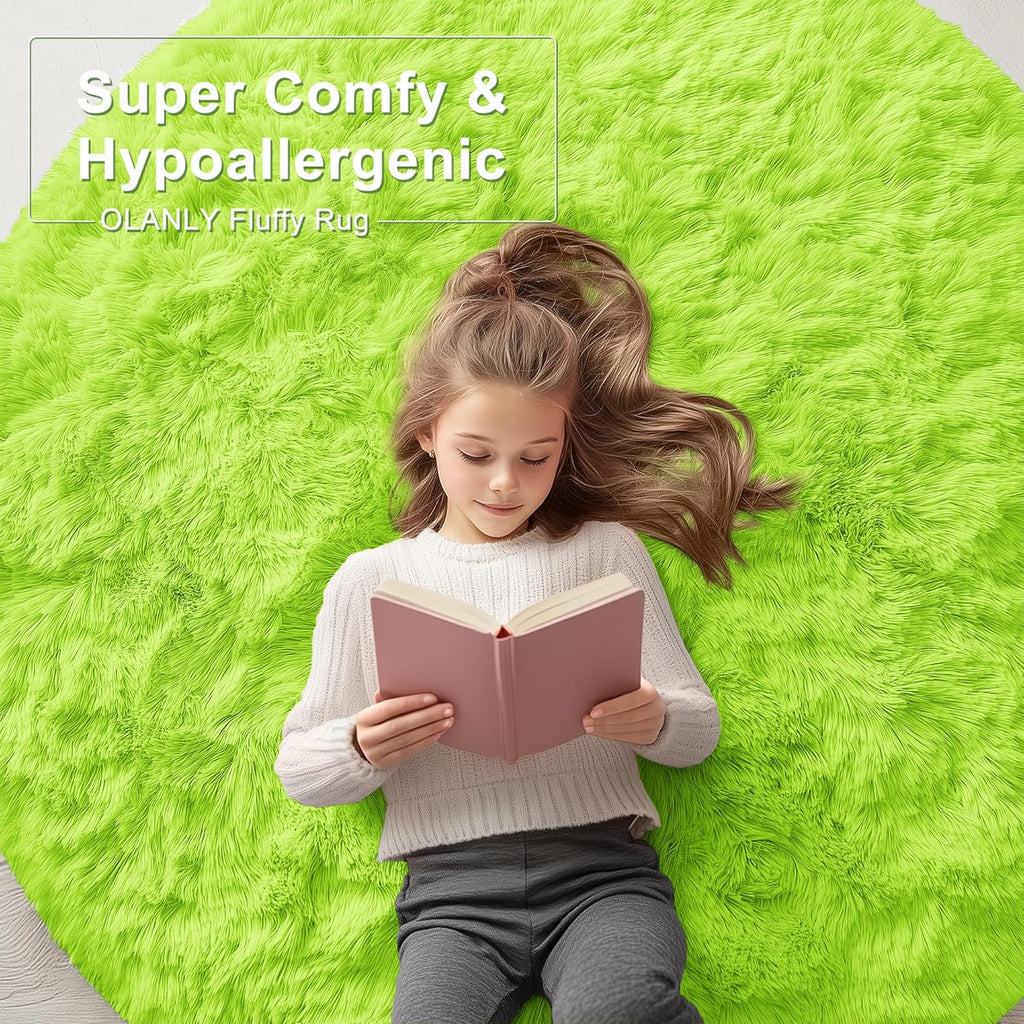 OLANLY Round Lime Green Area Rug - Soft, Fluffy, Machine Washable 5 ft Circle Carpet for Bedrooms & Nurseries
