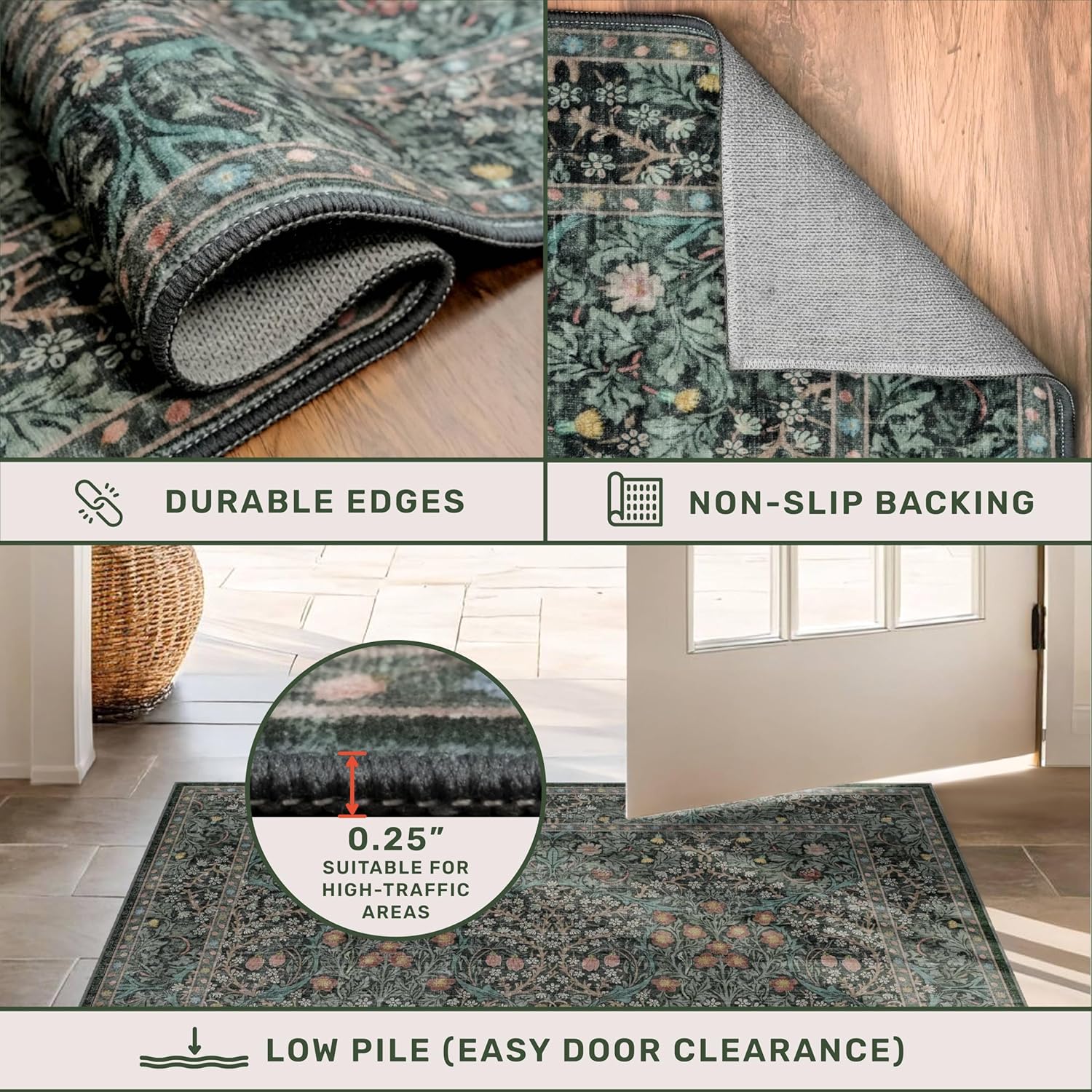 Skiennix Non-Slip Kitchen Runner Rug - Washable Boho Vintage Floral Design | Dark Green 2x6 Size