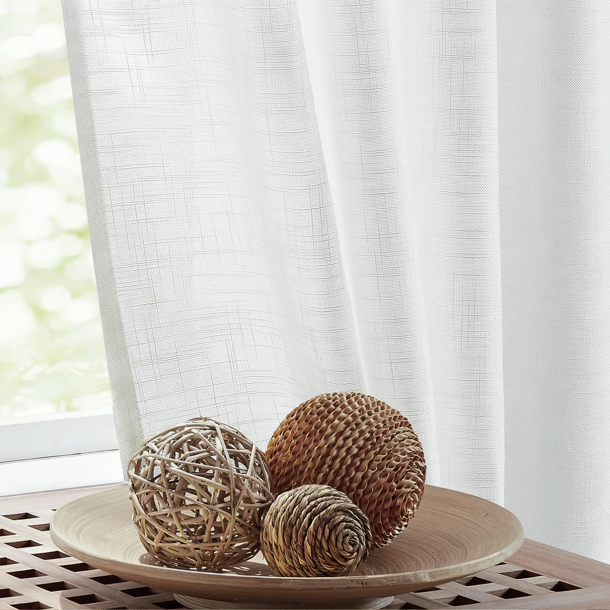 FMFUNCTEX Linen Sheer White Curtains Sliding Door Curtain 108inches Long Patio Glass Door Curtain Panel 100" Width Rich Cross Weave Textured Semi-Sheer Living Room Divider Bedroom Window Draperies 1pc