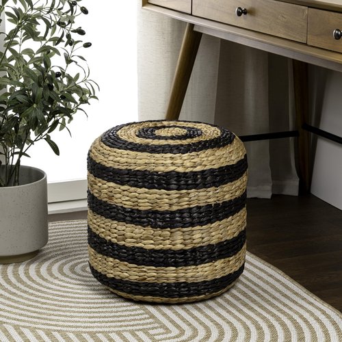 JONATHAN Y TBL2501A Aimee 15.7" Modern Minimalist Alternating Hand-Woven Hyacinth Ottoman for Living Room, Bedroom, Entryway, Foyer, Natural Seagrass Foot Stool, Handwoven Footrest, Natural/Black