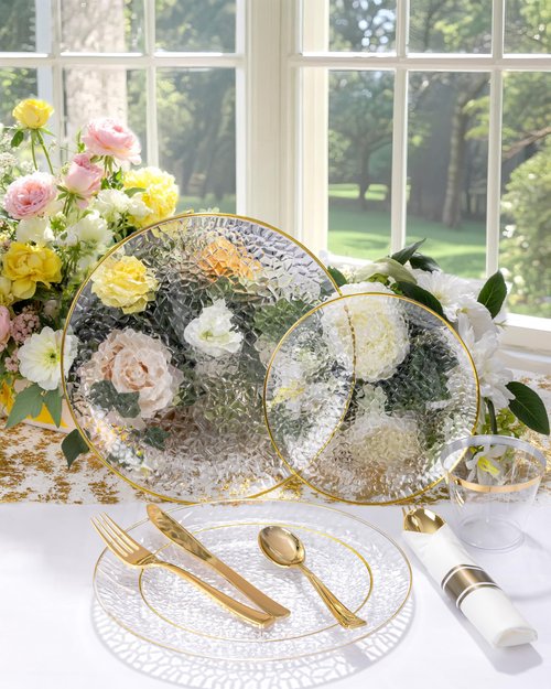 Hioasis 350pcs Clear Gold Plastic Plates - Clear Plastic Dinnerware Set Includes 50 Dinner Plate, 50 Dessert Plate, 50 Cups, 50 Napkins Perfect for Wedding & Party