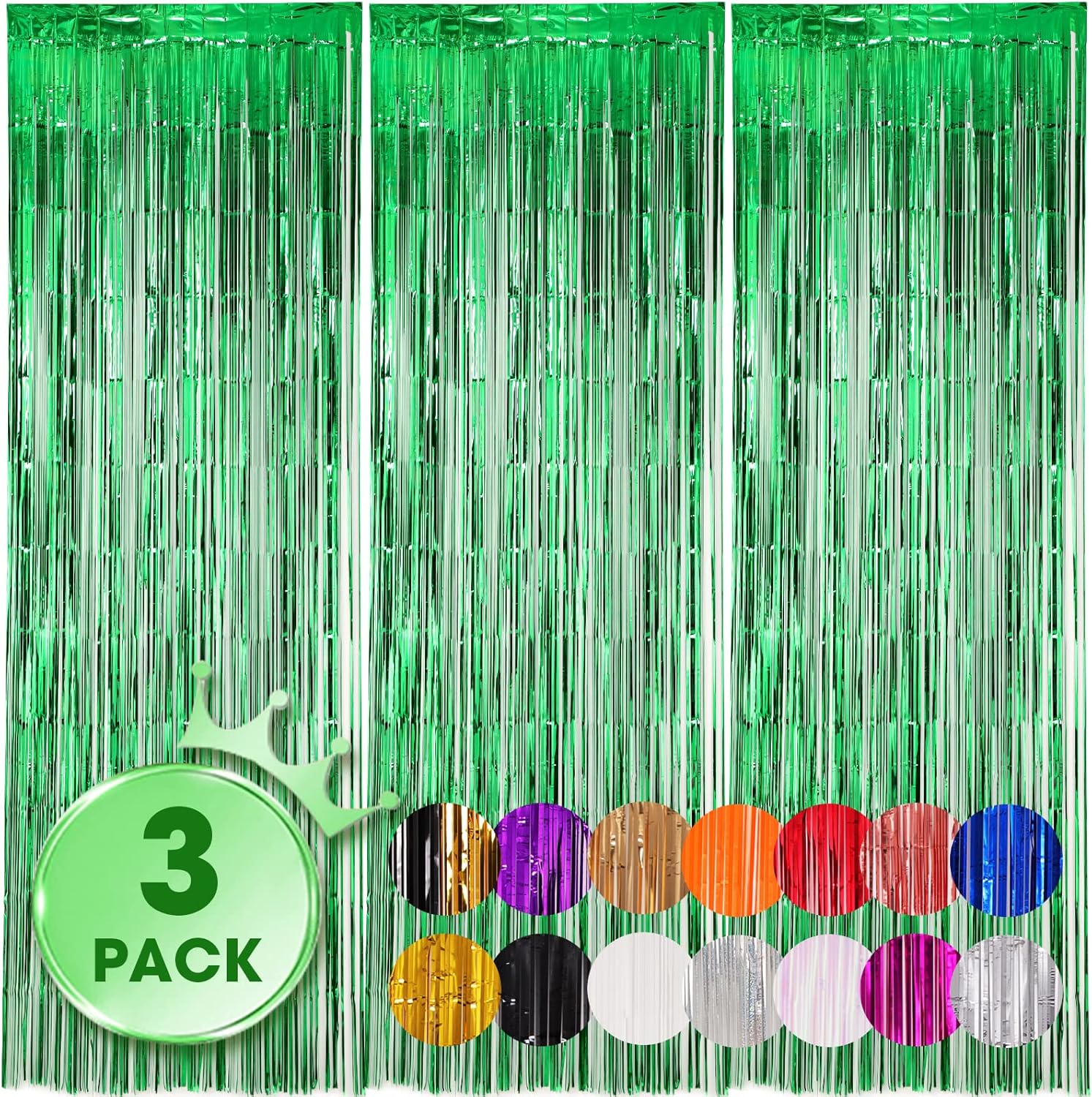 Voircoloria Green Foil Fringe Backdrop Curtains - 3 Pack Tinsel Streamers for Parties | 3.3x8.2 Feet