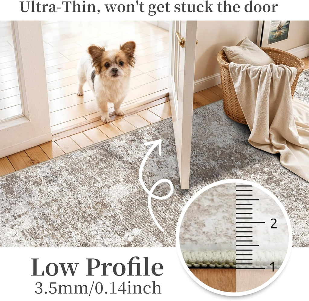 Skiennix Washable Entryway Runner Rug - Modern Abstract Design, Non-Slip, Easy-Clean, 2x5 Brown/Beige