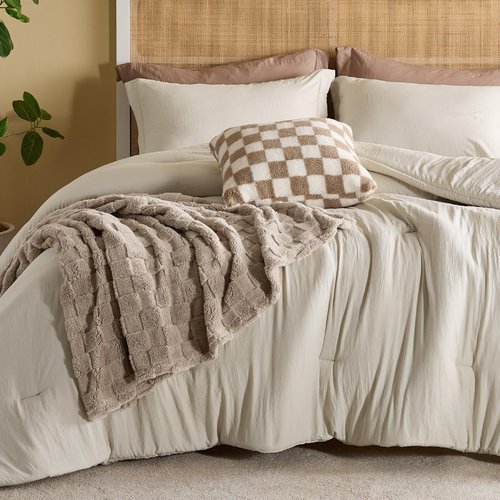 Bedsure King Comforter Set 5 Pieces - Bed in a Bag with Checkered Throw Blanket and Decorative Pillow, Lightweight Bedding Comforter Sets, All Season Boho Bedding, Linen Beige
