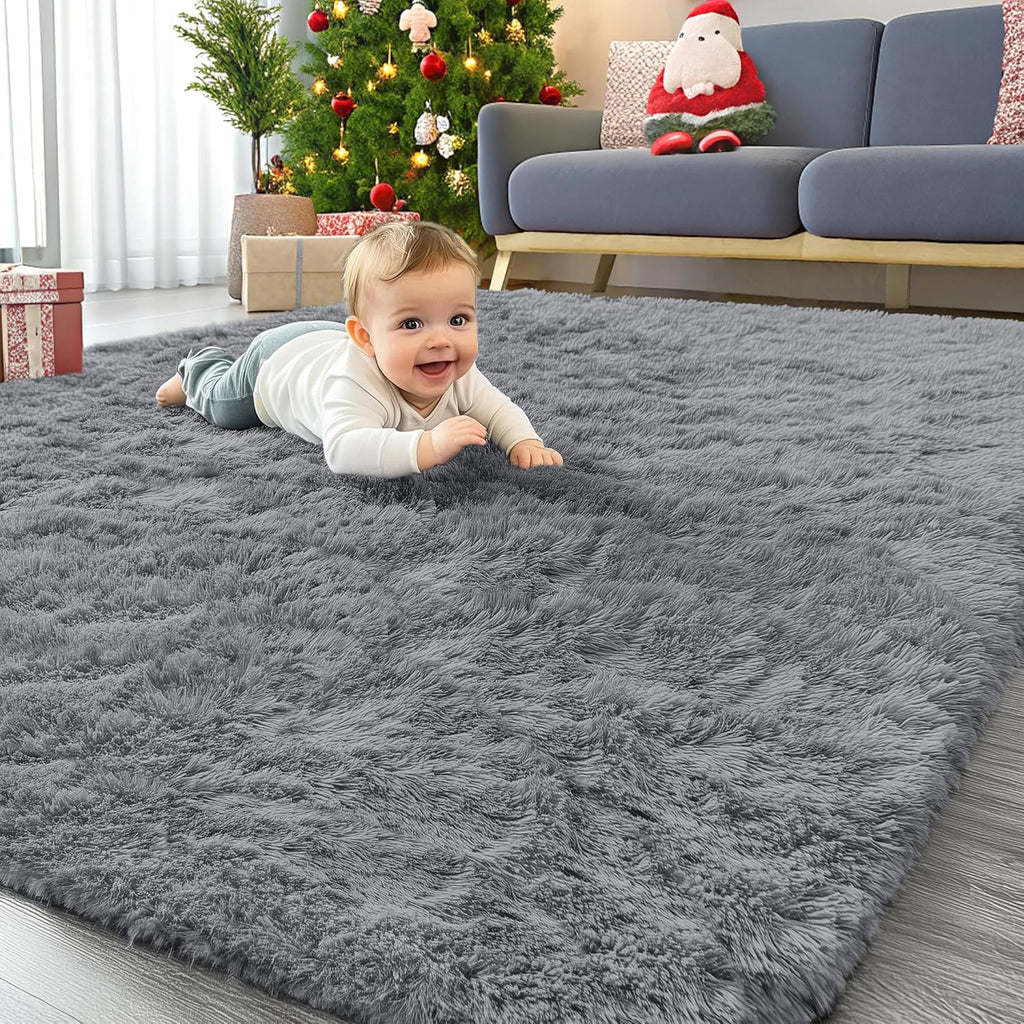 OLANLY Area Rugs - Soft Fluffy Shaggy Indoor Carpet for Living Room & Bedroom | 4x5.9 ft Light Grey