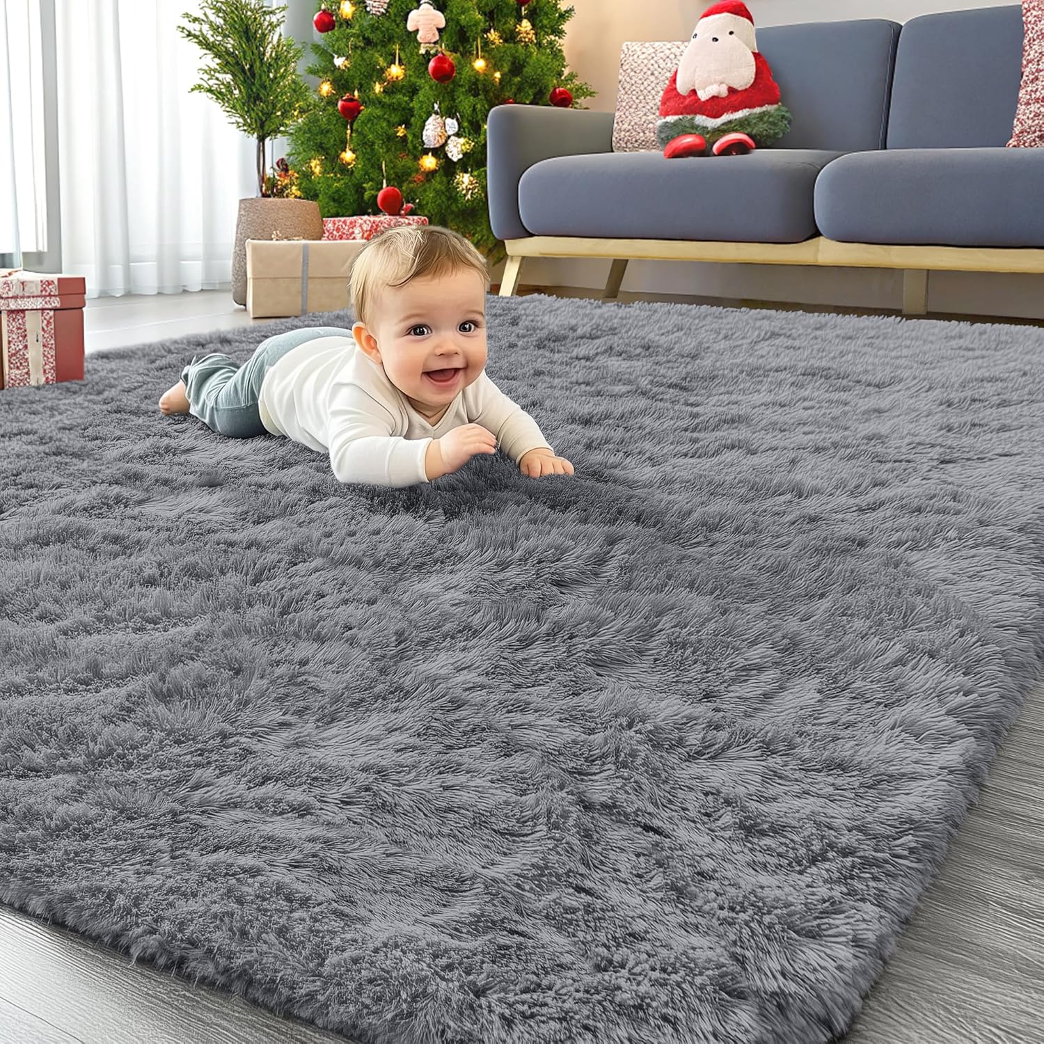 OLANLY Area Rugs - Soft Fluffy Shaggy Indoor Carpet for Living Room & Bedroom | 4x5.9 ft Light Grey