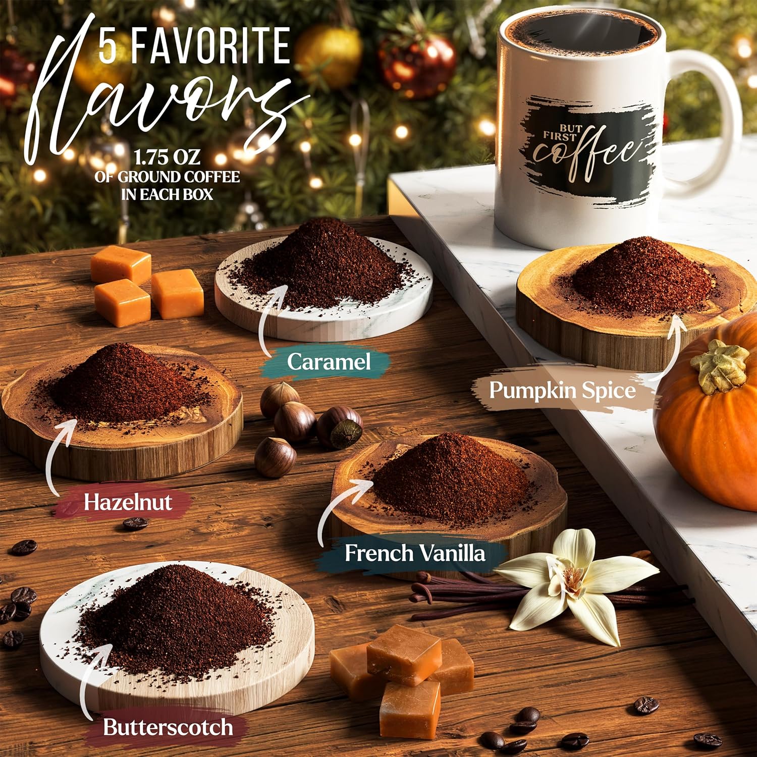 Regine Switzerland Coffee Gift Set - 5 Gourmet Ground Coffee Flavors with Mug - Perfect Unique Christmas Gift