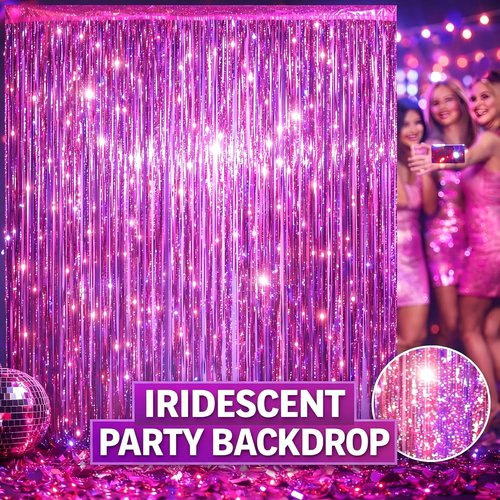Melsan Easter Decorations - 3 Pack Pinkish Purple Tinsel Fringe Curtain Backdrop | Sparkling Metallic Party Decor for Birthdays & Weddings