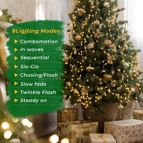 Christmas Tree Lights, 400 LED Christmas Light with 8 Light Modes & Memory Function, 8.2FT x 16 Lines String Lights with Timing Function for Christmas Decorations - Warm White
