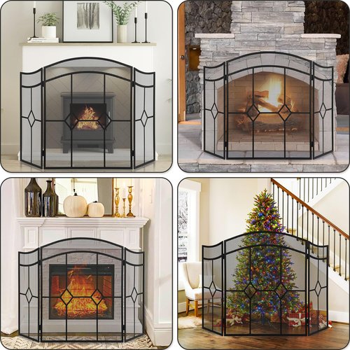 FEED GARDEN 3 Panel Fireplace Screen Wrought Iron 48" W x 30" H Foldable Heavy Duty Fire Spark Guard Cover with Metal Decorative Mesh for Living Room, Home Decor Indoor, Black