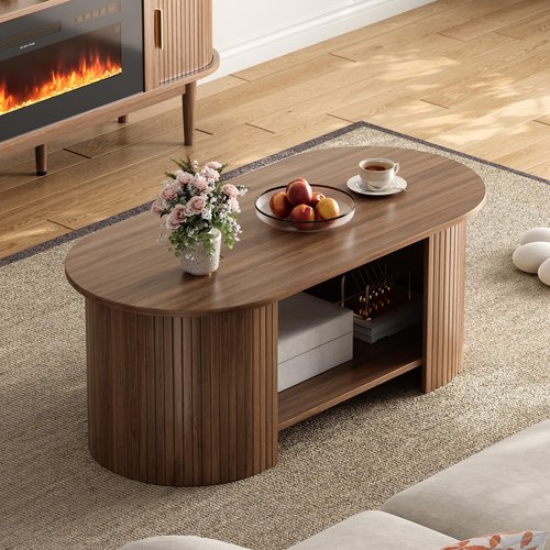OneBlis Oval Fluted Coffee Table, 2-Tier Center Table with Large Storage, Mid-Century Modern Wood Coffees Table for Living Room, Home Office, Small Space, Walnut