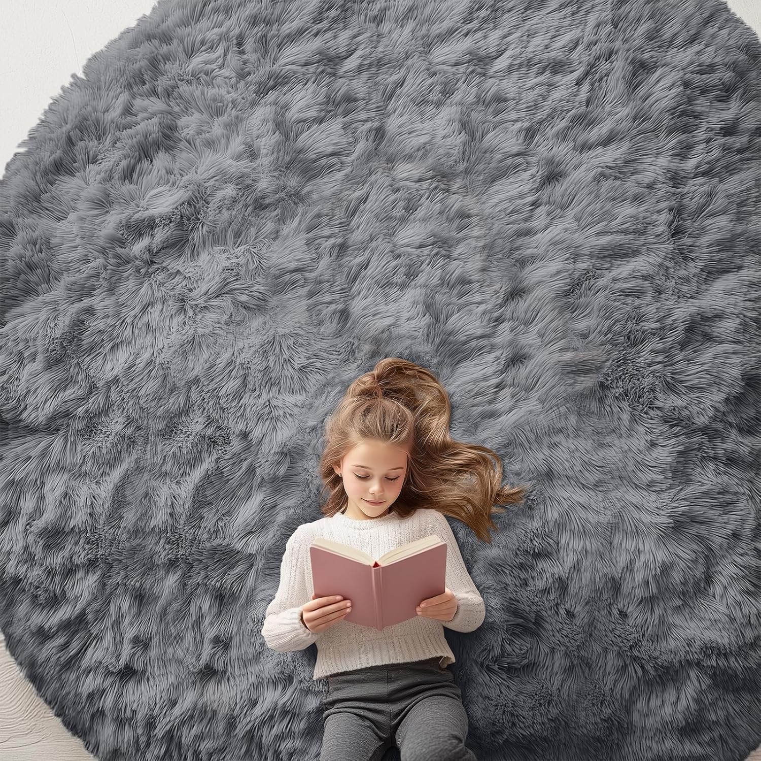 OLANLY Grey Round Area Rug - Soft, Fluffy, Machine Washable 9 ft Circle Carpet for Bedroom & Living Room