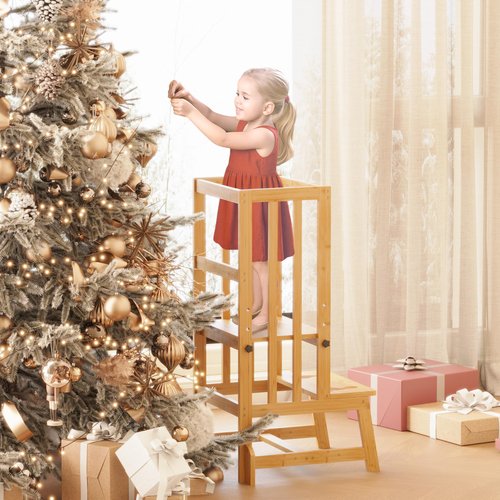 BAMBOOHOMIE Kids Kitchen Step Stool, Toddler Standing Tower Adjustable Height with Anti-Slip Feet, Toddlers Learning Step Stool Helper for Kitchen Counter or Bathroom Sink, Natural Bamboo