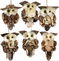Cartanfill Woodland Animal Owl Ornaments - Set of 6 Assorted Wood & Sisal for Christmas & Thanksgiving