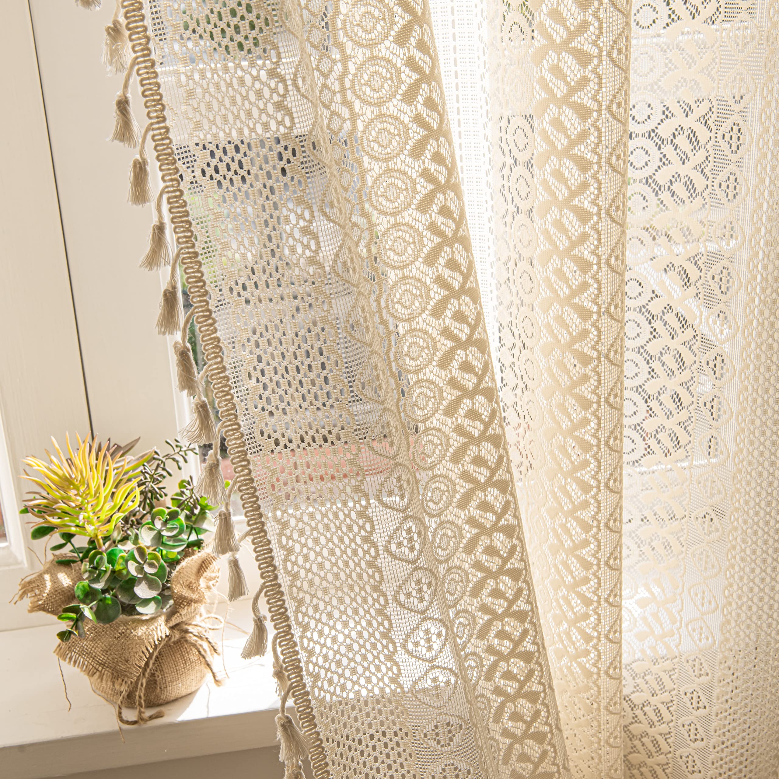 Sutuo Home Boho Curtains 84 Inches Length for Bedroom, Window Treatments Bohemian Sheer Crochet Lace Vintage Drapes Pair, Beige Geometry Knitted with Handmade Tassels Rod Pocket, 52" x 84"，2 Panels