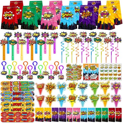 Fumogym 220PCS Hero Party Favors Kit – Birthday Supplies Includes Goodies Bags, Straws, Bubble Wands, Notebook & More – Perfect for Party Decorations & Pinata Fillers