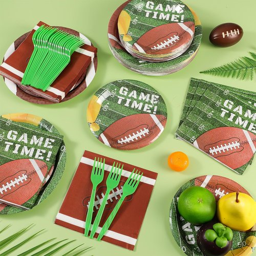 Zhehao 192 Pcs Football Paper Plates and Napkins Set Football Party Supplies Decorations 7 Inch 9 Inch Disposable Paper Plates Napkins and Forks for Sport Themed Birthday Party Favors Serves 48