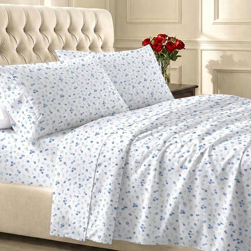 California Design Den Twin XL Cotton Sheet Set - 100% Soft, 400 Thread Count, Award-Winning Floral White/Blue Bedding