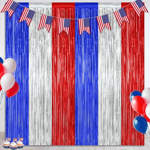 4th of July Decorations by [Brand Name] - 2 Pack Tinsel Backdrop | Red, Silver & Blue Fringe Curtains, 3.28 FT x 7.05 FT