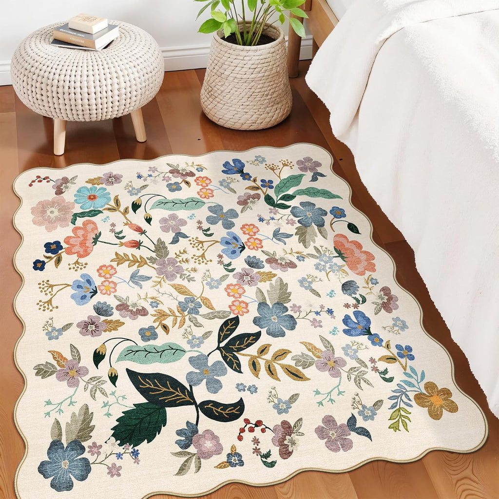 Skiennix Washable 4x4 Square Area Rug - Floral Scalloped Soft Non-Slip Carpet for Living Room & Nursery (Cream)