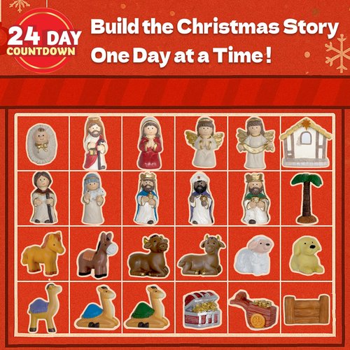 Nativity Advent Calendar 2025 Kids - 24 Days Light-Up Nativity Scene Set with Resin Figures，Toddler Advent Calendar 2025 Girls and Boys，Christmas Countdown Calendar Gifts for Children