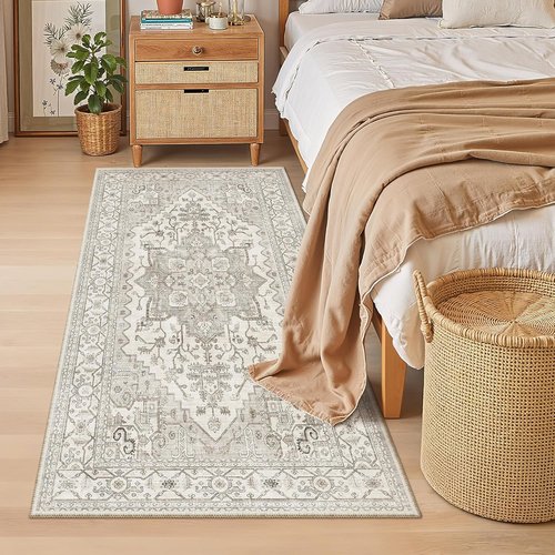 Madane Hallway Runner Rug - Vintage Washable Non-Slip 3x6 Soft Floor Mat | Beige/Brown for Entryway & Living Room
